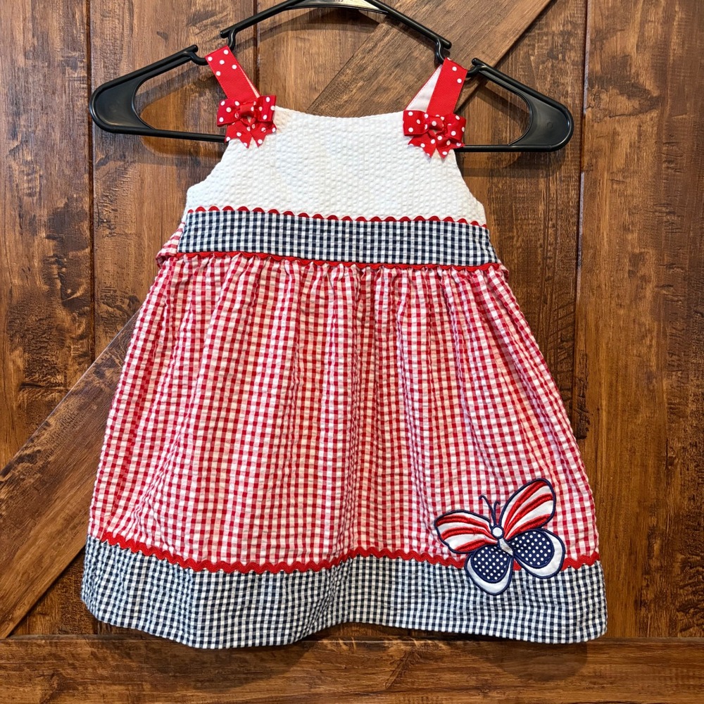 Adorable Toddler Girl Red White Blue Gingham Butterfly Dress 3T 4th of July